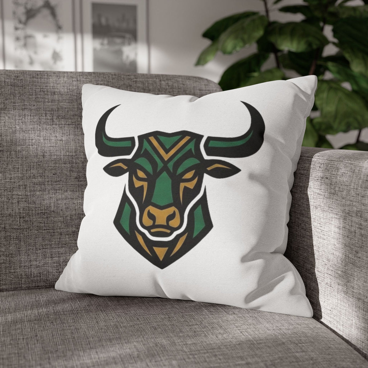 Taurus Geometric Bull Throw Pillowcase — Green Tribal Bull Accent Pillow