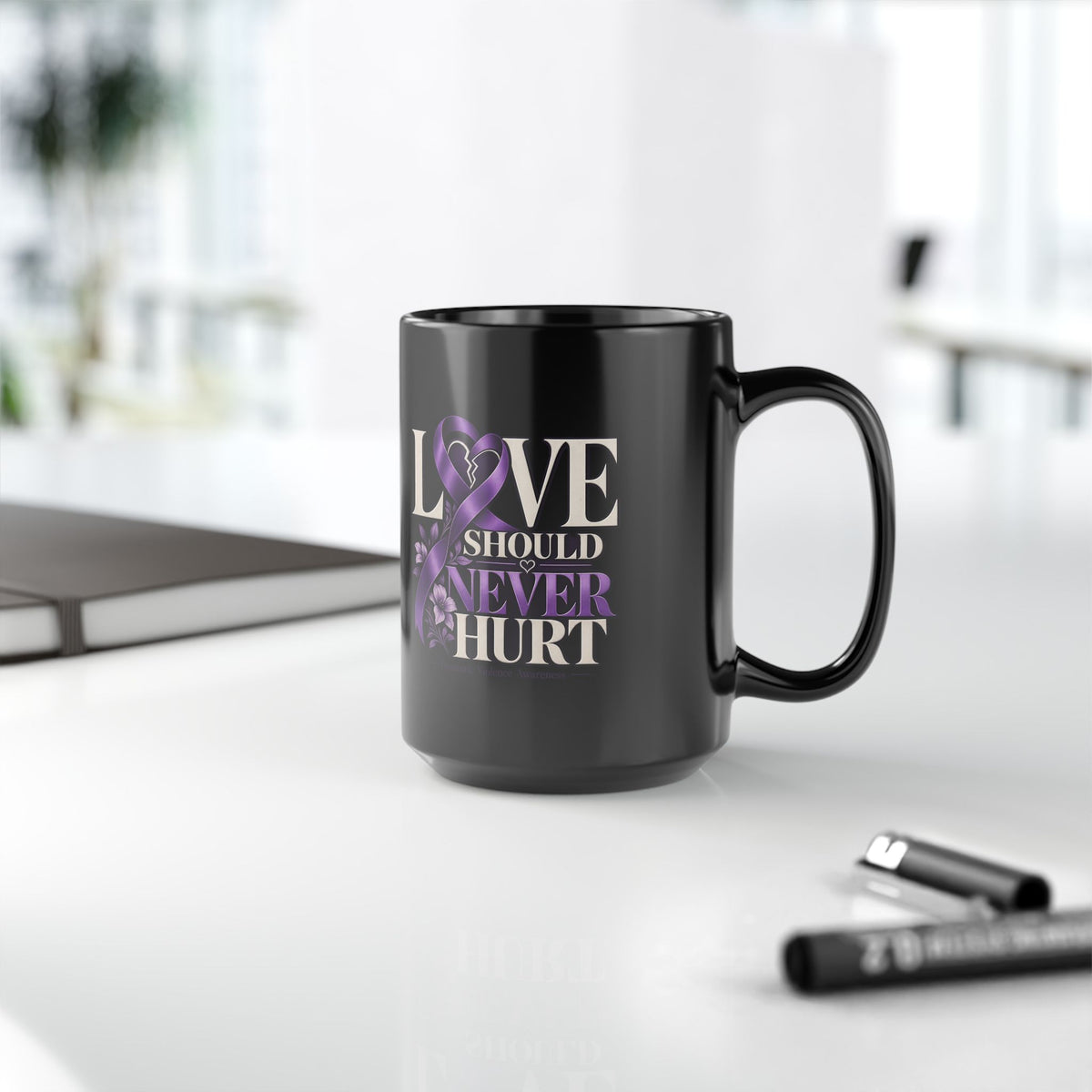 Love Should Never Hurt Black Awareness Mug — Purple Ribbon Domestic Violence Awareness Coffee Cup (11oz, 15oz)