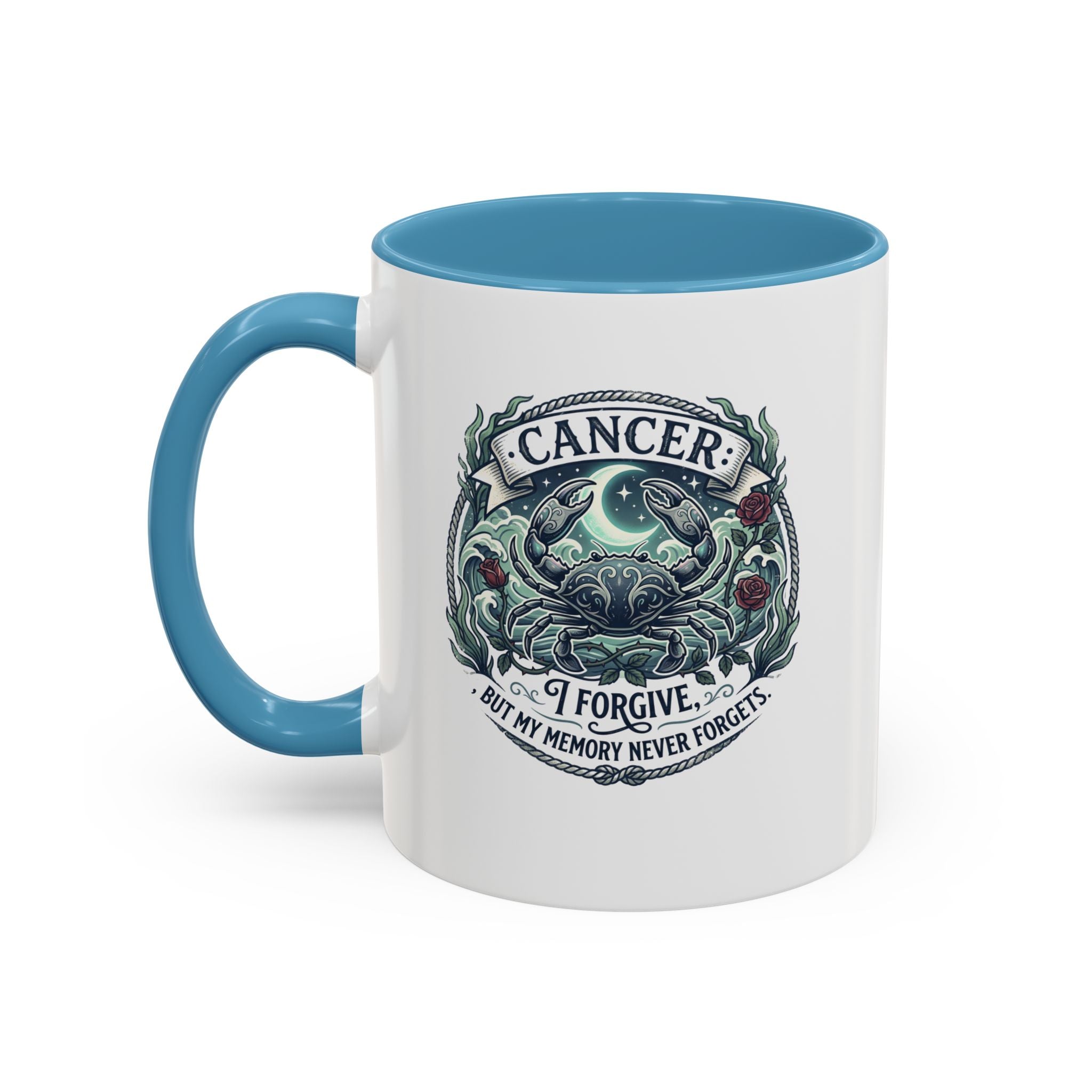 Cancer Zodiac Accent Coffee Mug — 'I Forgive But My Memory Never Forgets' Horoscope Gift