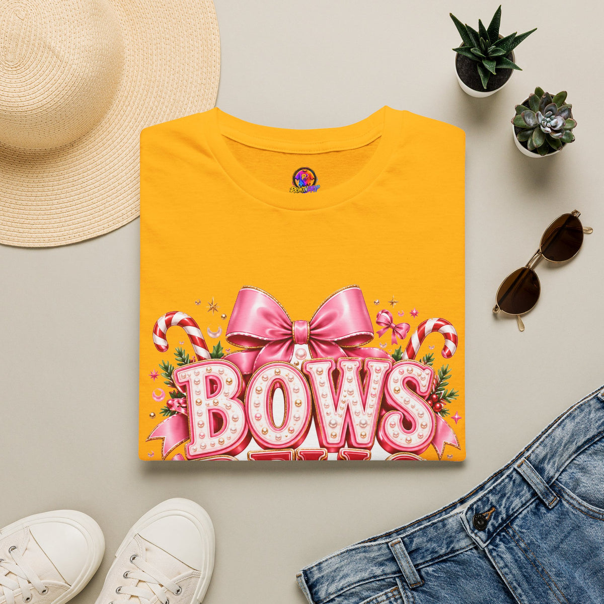 Bows Bells Bliss Christmas T‑Shirt — Pink Holiday Bow Graphic