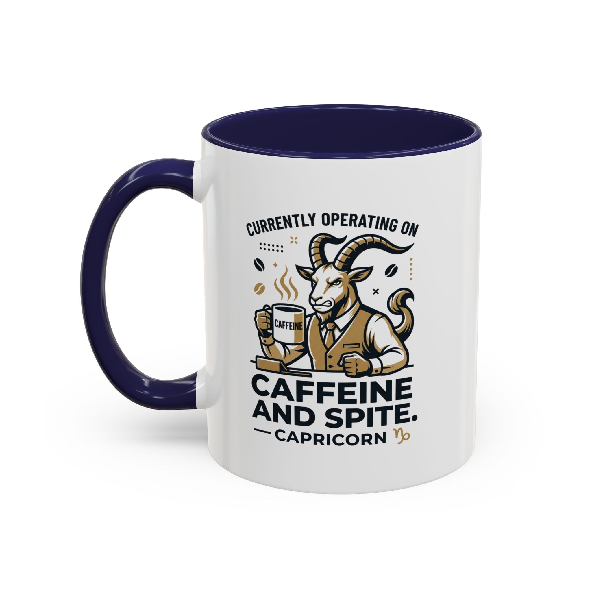Capricorn Coffee Mug — “Currently Operating on Caffeine and Spite” Accent Mug (11/15oz)