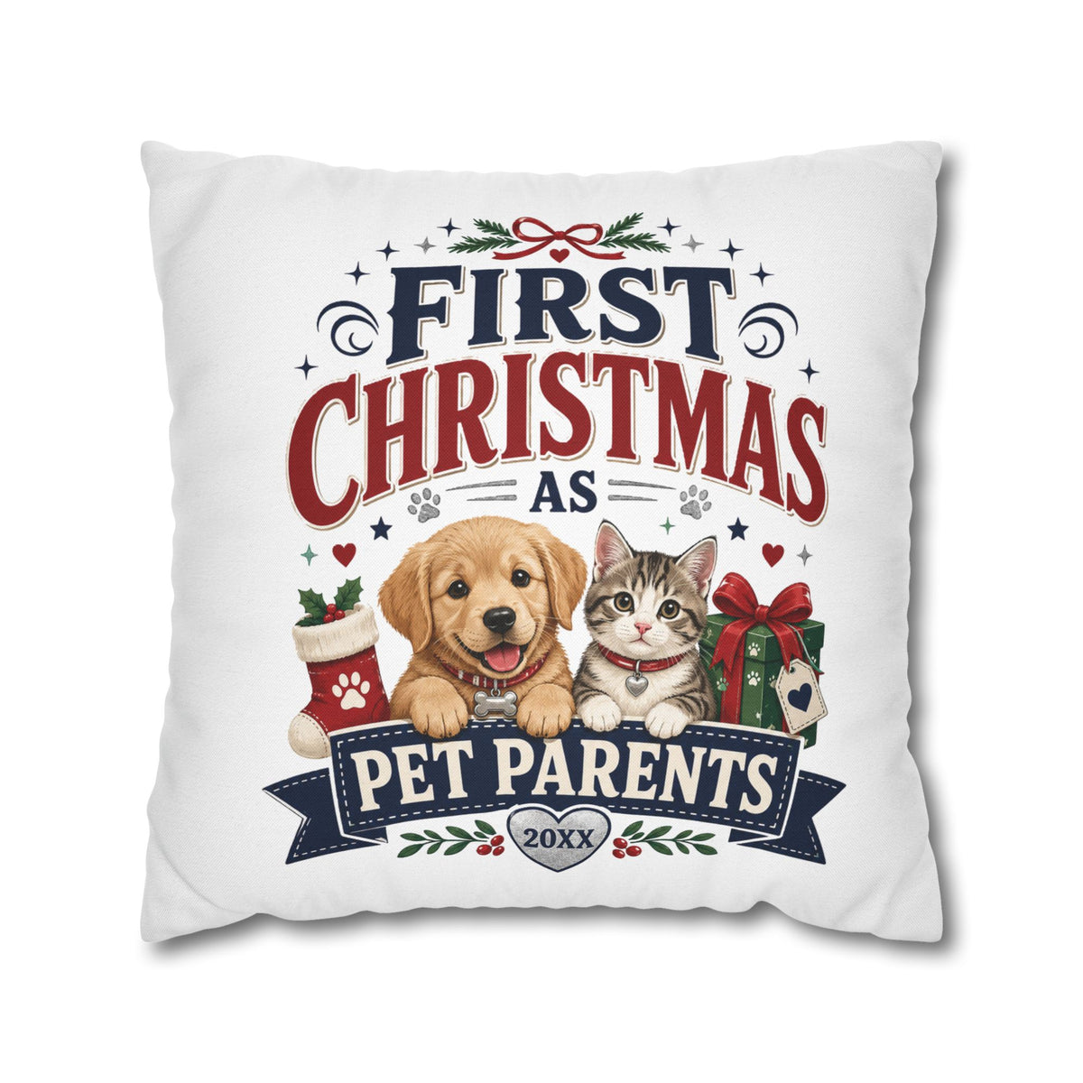 First Christmas as Pet Parents Pillowcase — Dog & Cat Holiday Throw Pillowcase