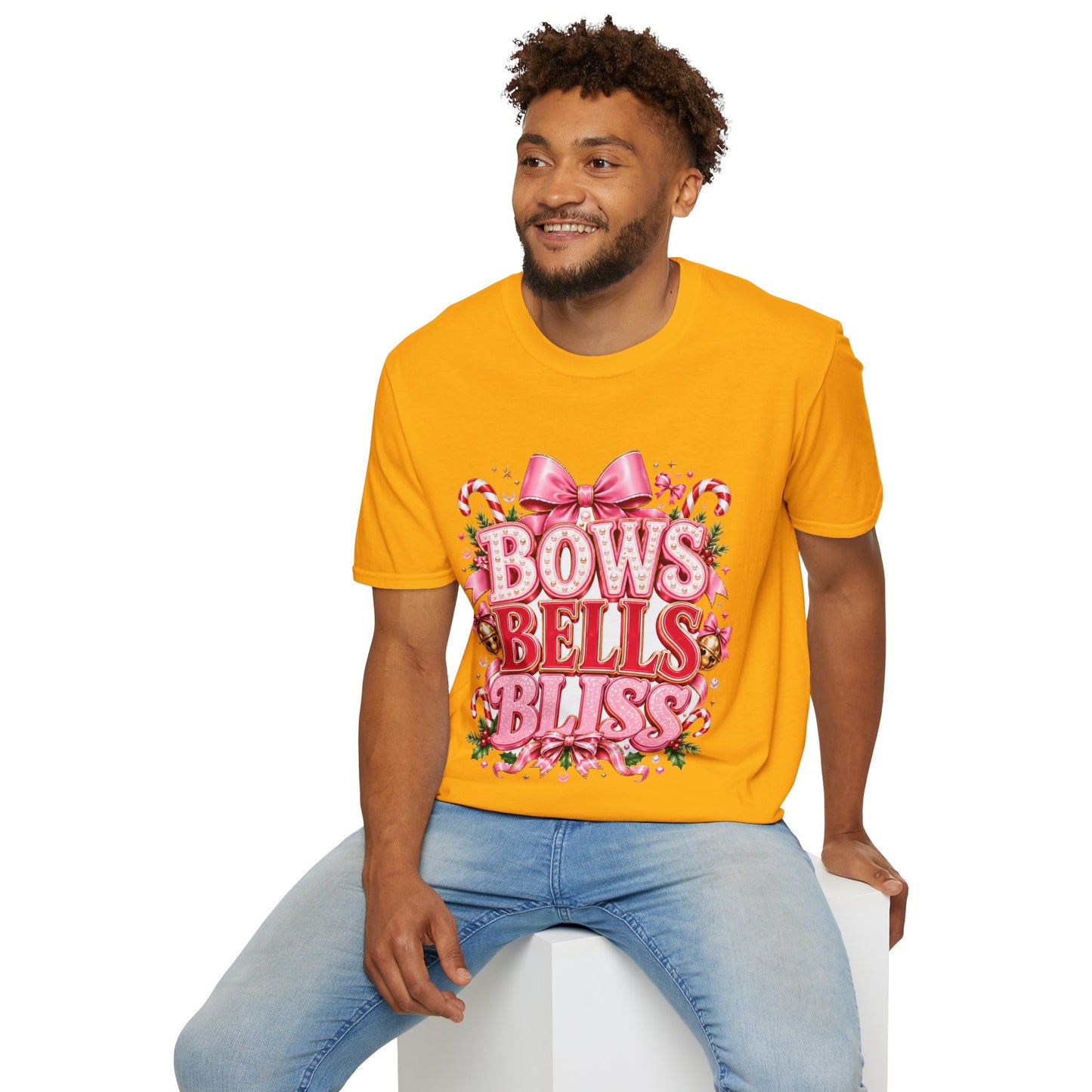 Bows Bells Bliss Christmas T‑Shirt — Pink Holiday Bow Graphic
