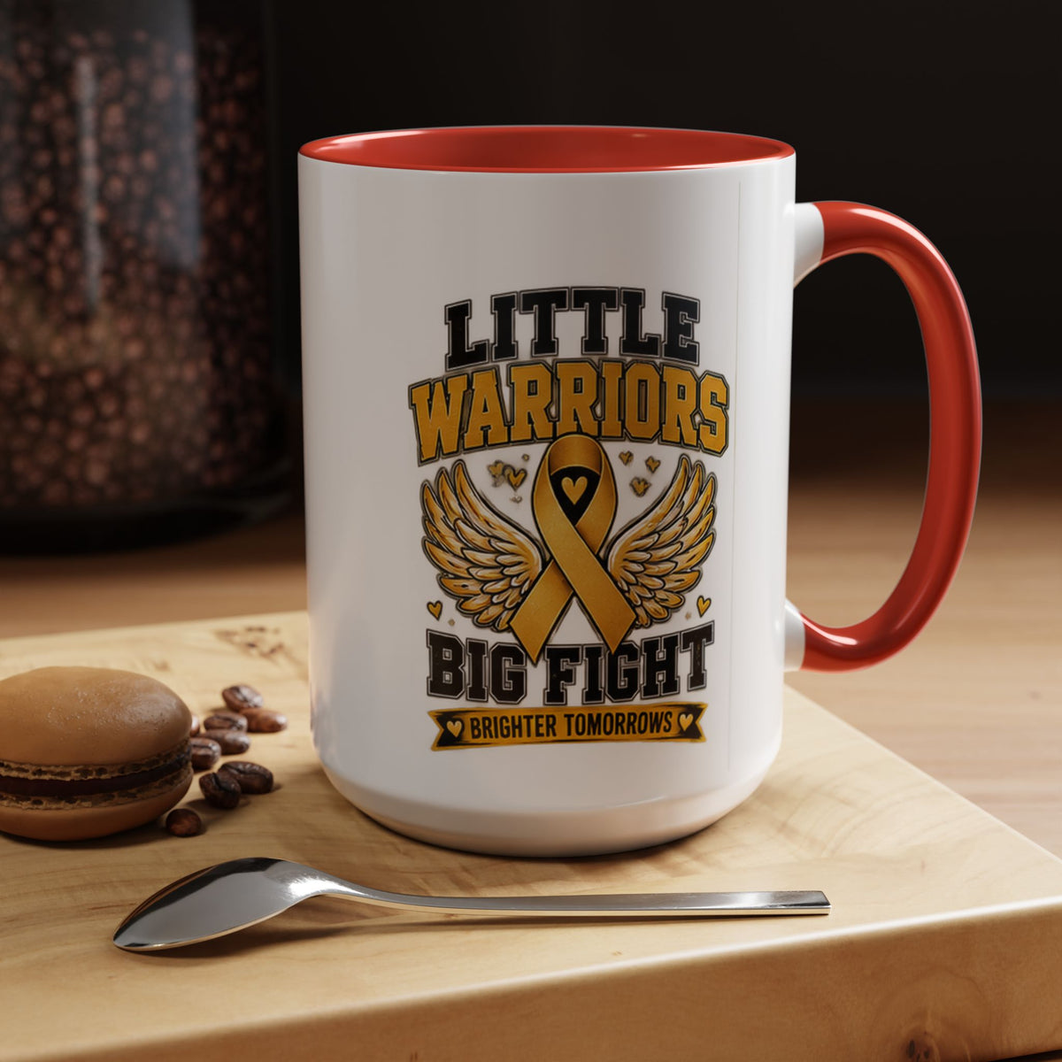Little Warriors Big Fight Childhood Cancer Awareness Coffee Mug — Gold Ribbon Support Accent Mug
