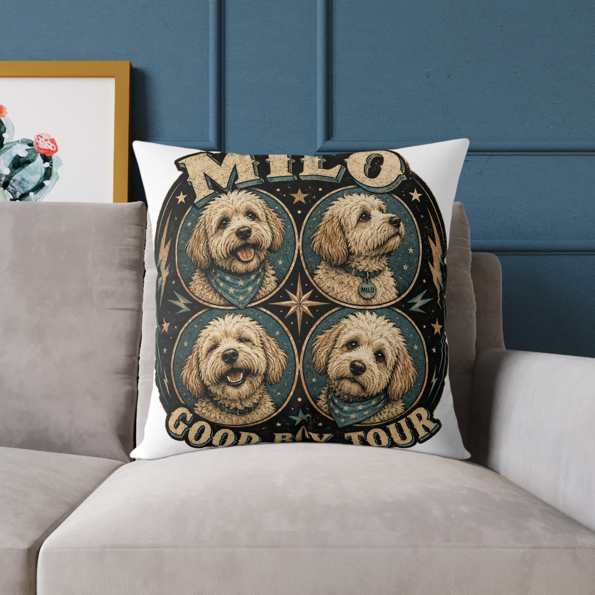 Personalized Dog Pillow  Milo Bailey Dog Dad Mom— 'Milo' Retro Pet Portrait Cushion (Good Boy Tour Design)