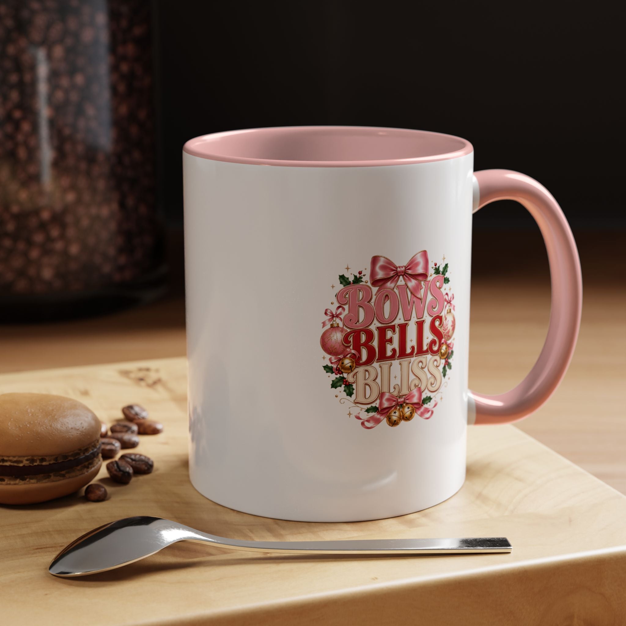 Bows Bells Bliss Holiday Accent Coffee Mug — Festive Pink Christmas Design