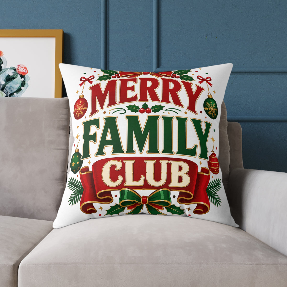 Merry Family Club Christmas Pillow - Holiday Decorative Throw Pillow